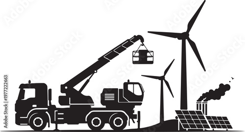 Renewable energy, sustainable power, wind turbines, solar panels, industrial crane vector