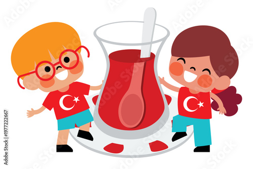 Cartoon Turkish Children Drinking Tea