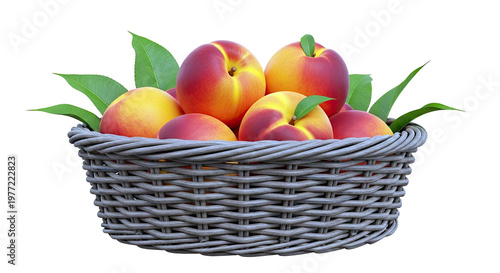 Basket of ripe peaches with green leaves
