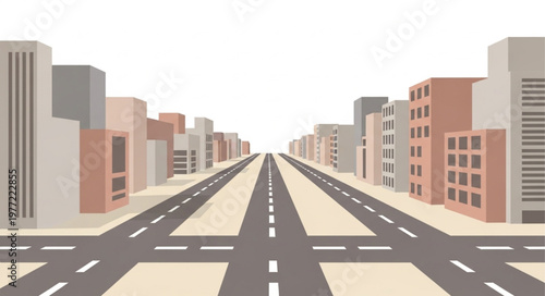 Cityscape Perspective - Urban Road with Buildings and Crosswalks.