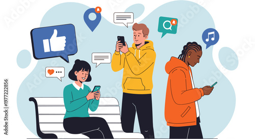 People using smartphones on bench in colorful flat design for social media