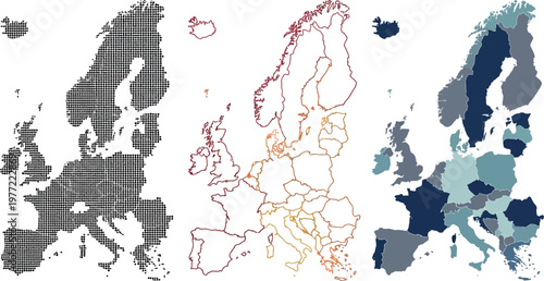 Europe map vector set featuring dotted style outline contour and solid colored regions for professional graphic design and cartography projects
