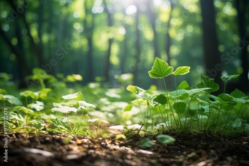 Green plants growing on brown forest ground with soft sunlight shining through trees
