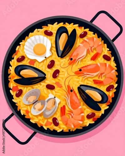 Illustration of Traditional Spanish Paella with Prawns, Rice, Mussels, and Beans – Authentic Mediterranean Dish.