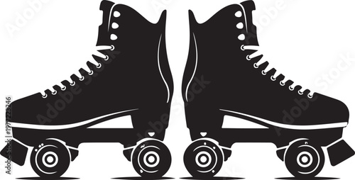 Black roller skates, roller skating shoes, wheels, inline skates, sports equipment