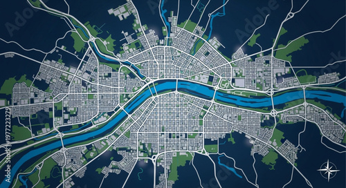 Detailed City Plan with River and Grid Layout.