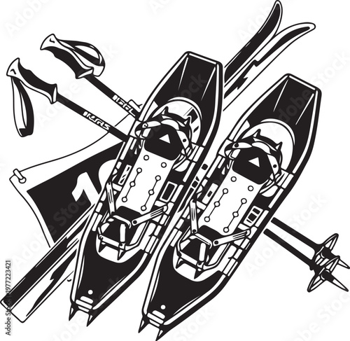Snowshoes, hiking gear, winter sports equipment, black and white illustration