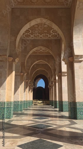 Casablanca, Morocco - March 23, 2026 -  Hassan II Mosque interior colonnade corridor , Hassan II Mosque grand hall columns corridor interior Casablanca Morocco