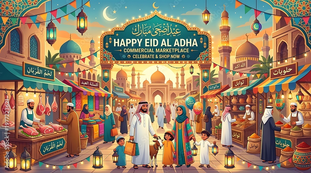 Obraz premium Eid al adha celebration festive marketplace with people and decorations