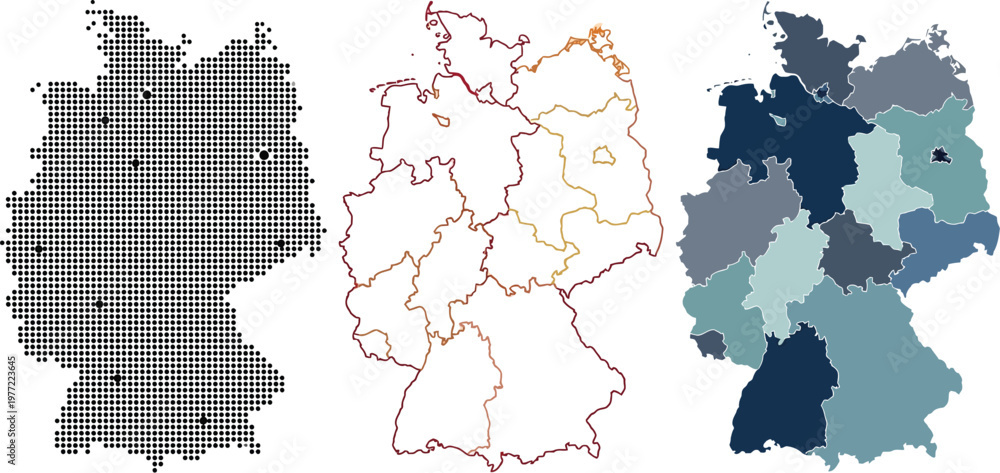 Obraz premium Germany map vector set showing detailed national borders regional states dotted geography and administrative outline graphic design collection elements