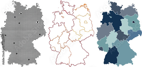 Germany map vector set showing detailed national borders regional states dotted geography and administrative outline graphic design collection elements