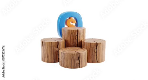 Vector illustration of wooden stumps arranged as a podium with a blue letter o and orange letter s on a transparent background