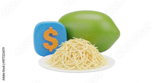 Vector illustration of fresh shredded green papaya on a plate with a dollar sign icon on a transparent background