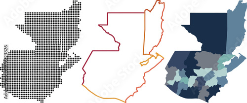 Guatemala map vector collection featuring detailed national geography outline dotted pattern and colorful administrative department borders for graphic design projects