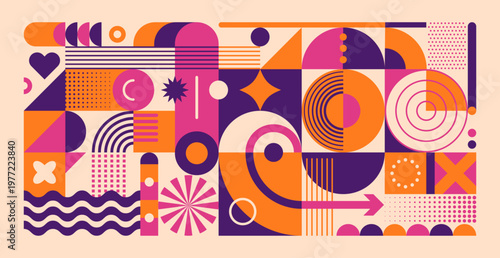 Obraz na płótnie Colorful abstract geometric pattern with bold shapes, retro style, and dynamic composition