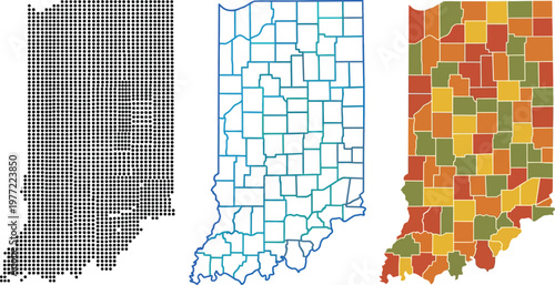 Indiana map vector illustrations featuring dotted pattern outline boundary and colorful county division graphics for professional geographic design projects