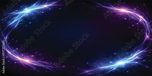 Abstract Neon Energy Frame with Glowing Blue and Purple Light Trails, Futuristic Cosmic Background with Particle Effects, Sci-Fi Technology Border with Copy Space