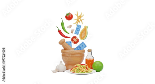 Vector illustration of som tum thai papaya salad ingredients with mortar and pestle on a transparent background