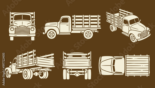 Vintage Farm Truck Illustration Set with Multiple Perspective Views