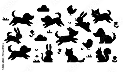 Playful animals garden vector composition with cute pets and nature elements flat style