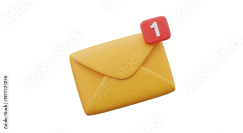 Vector illustration of 3d render of a yellow envelope with a red notification badge showing number 1 on a transparent background