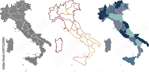 Italy map vector illustration collection featuring dotted pattern outline shape and regional divisions in three distinct modern graphic styles