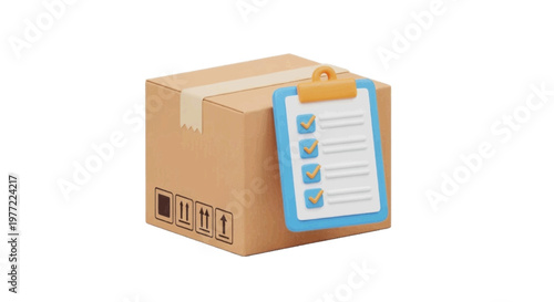 Vector illustration of 3d illustration of a cardboard delivery box with a checklist clipboard on a transparent background