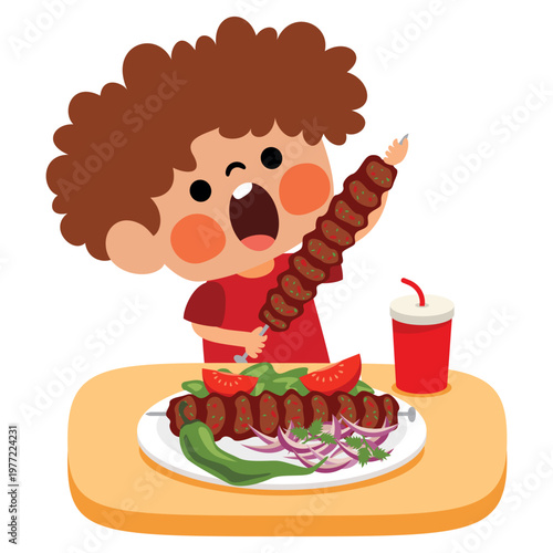 Cartoon Kid Eating Turkish Kebab