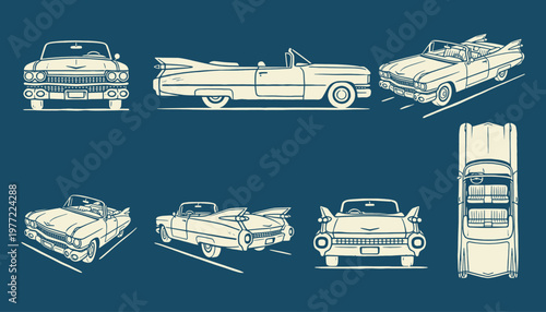 Vintage American Classic Convertible Car Illustration Set with Multiple View Angles