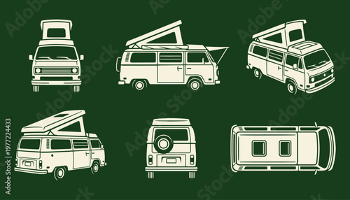 Vintage Camper Van Vector Illustration Set in Multiple Perspectives