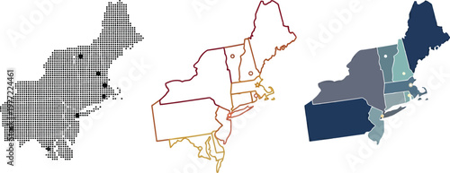 Northeast map illustration featuring three different styles including dotted point pattern outlined borders and flat colored regional geographic shapes