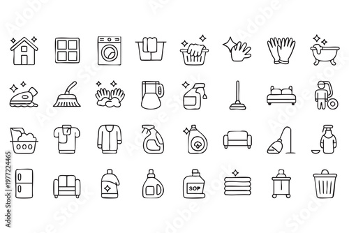 Flat line cleaning equipment icons set for smart home applications