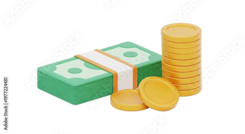 Vector illustration of 3d illustration of a stack of banknotes and gold coins on a transparent background