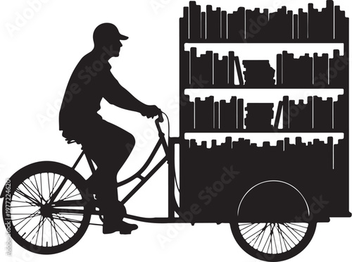 Black silhouette of a man riding bicycle with bookshelf cart, library delivery, book transport, urban services