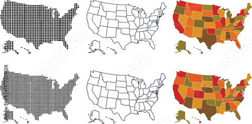 United States map vector collection showing halftone dots outline borders and colorful state regions for modern graphic design projects