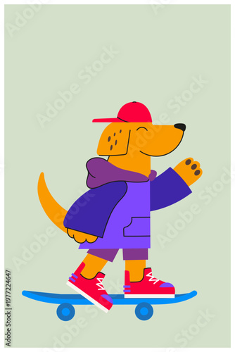 A flat vector illustration of a cute cartoon dog riding a skateboard. This bright, colorful design features crisp shapes and expressive contours, making it ideal for children's designs, posters, print