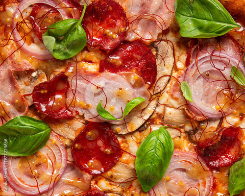 Close up of delicious pizza with salami