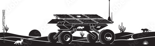 Futuristic Mars Rover, Space Exploration, Black and White Vector, Desert Landscape Illustration, 1 Element