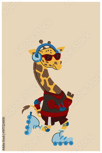 Stylish giraffe character on roller skates, flat minimal illustration with bright colors and clean shapes.