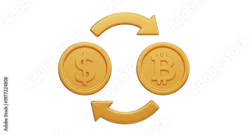Vector illustration of 3d illustration of gold dollar and bitcoin coins with exchange arrows on a transparent background