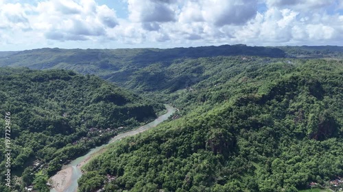 Beautiful tropical landscape of Dlingo hills and pine forest forest in Special Region of Yogyakarta.
