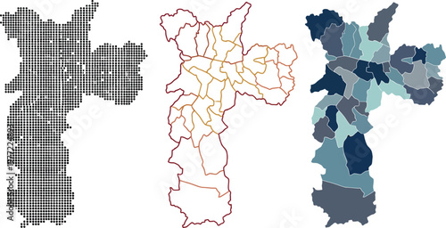 Sao Paulo map vector illustration showing dotted halftone outline and colorful regional districts for professional infographic design projects collection