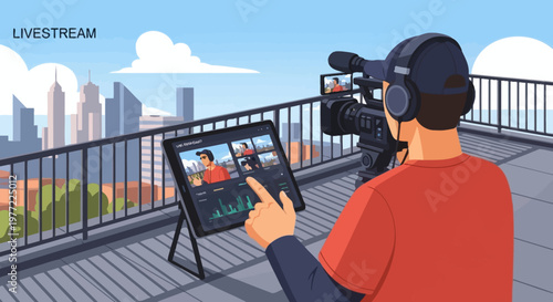 Cameraman filming live broadcast on rooftop.