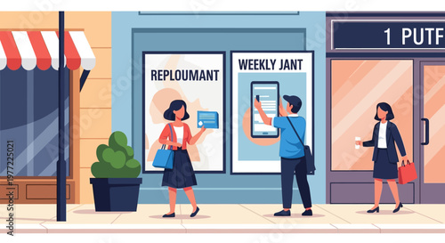 Cartoon People Standing Outside Shop Front.