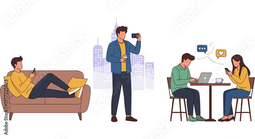 People working remotely in modern casual office setting with cityscape background in flat illustration style for business and technology