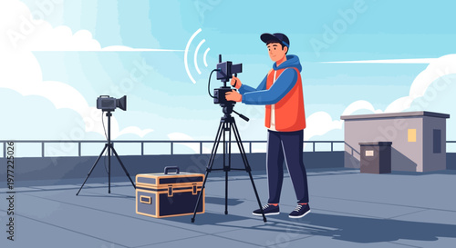 Cameraman Operating Camera on Rooftop.