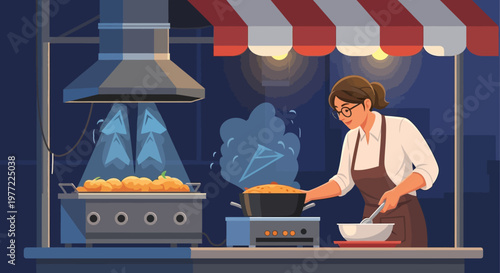 Chef Cooking Food at Night Market Stall.