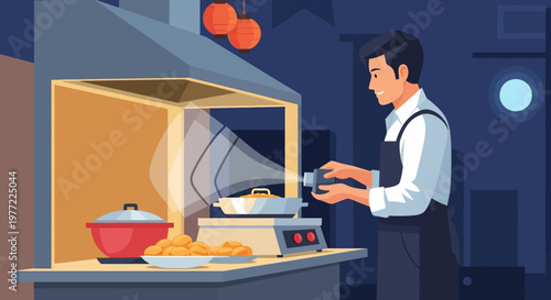 Chef Preparing Meal in Commercial Kitchen.