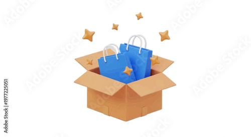 Vector illustration of 3d illustration of two blue shopping bags inside an open cardboard box on a transparent background