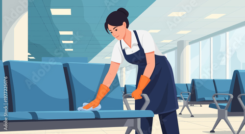 Cleaning lady wiping down chairs thoroughly.